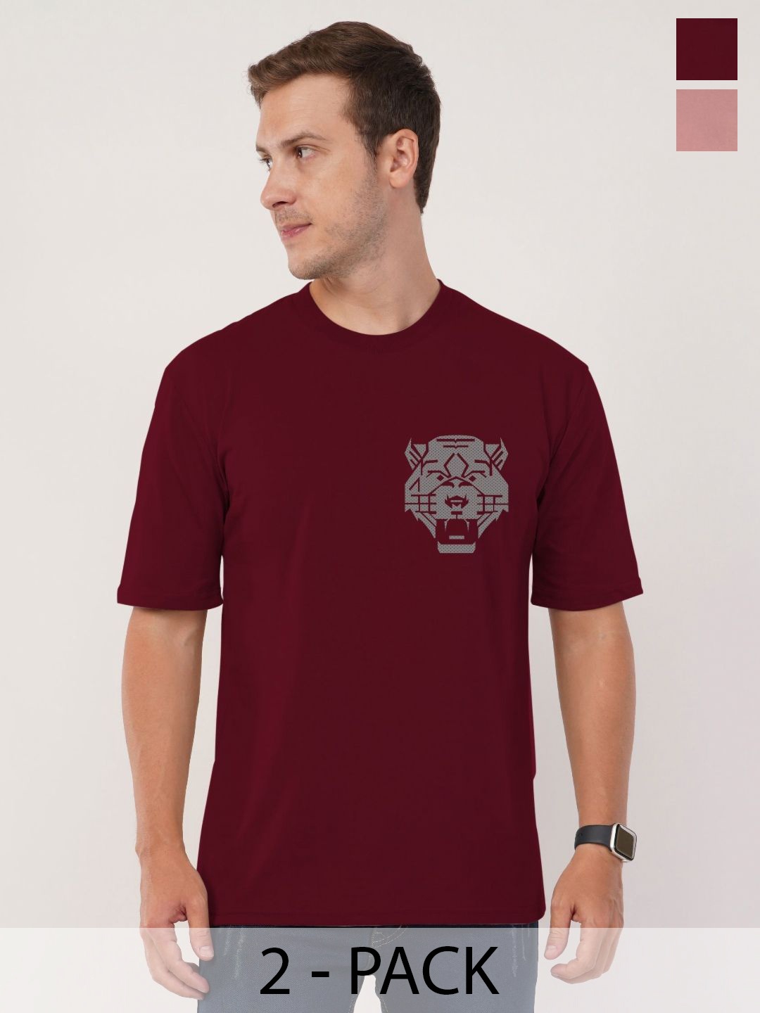 

AUSK Men Pack Of 2 Graphic Printed Round Neck Cotton Oversized T-shirts, Maroon