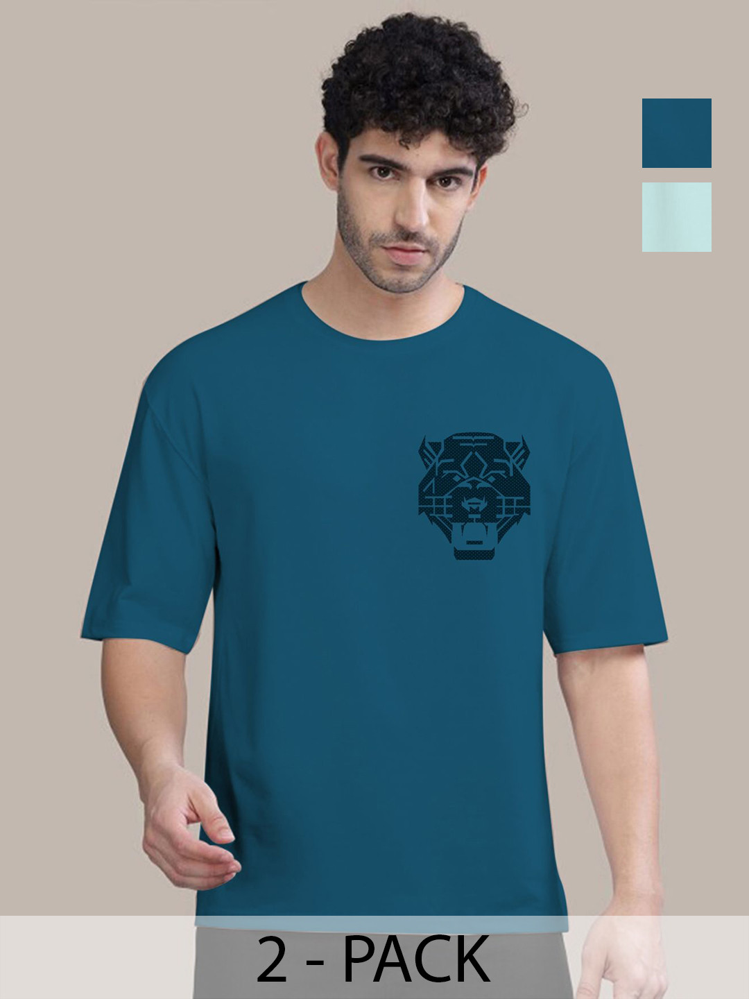 

AUSK Men Pack Of 2 Graphic Printed Drop-shoulder sleeves Cotton Oversized Casual T-shirt, Sea green