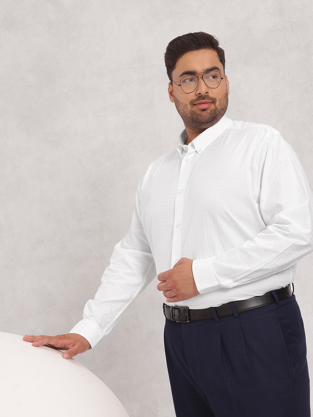 

Nautica Men Premium Plus Size Checked Pure Cotton Formal Shirt, White