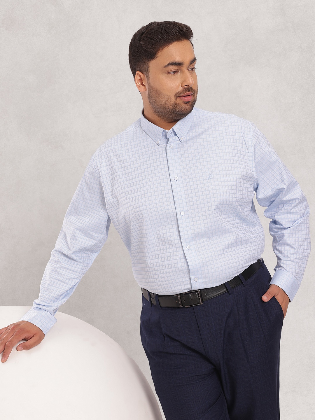

Nautica Men Premium Plus Size Checked Pure Cotton Formal Shirt, White