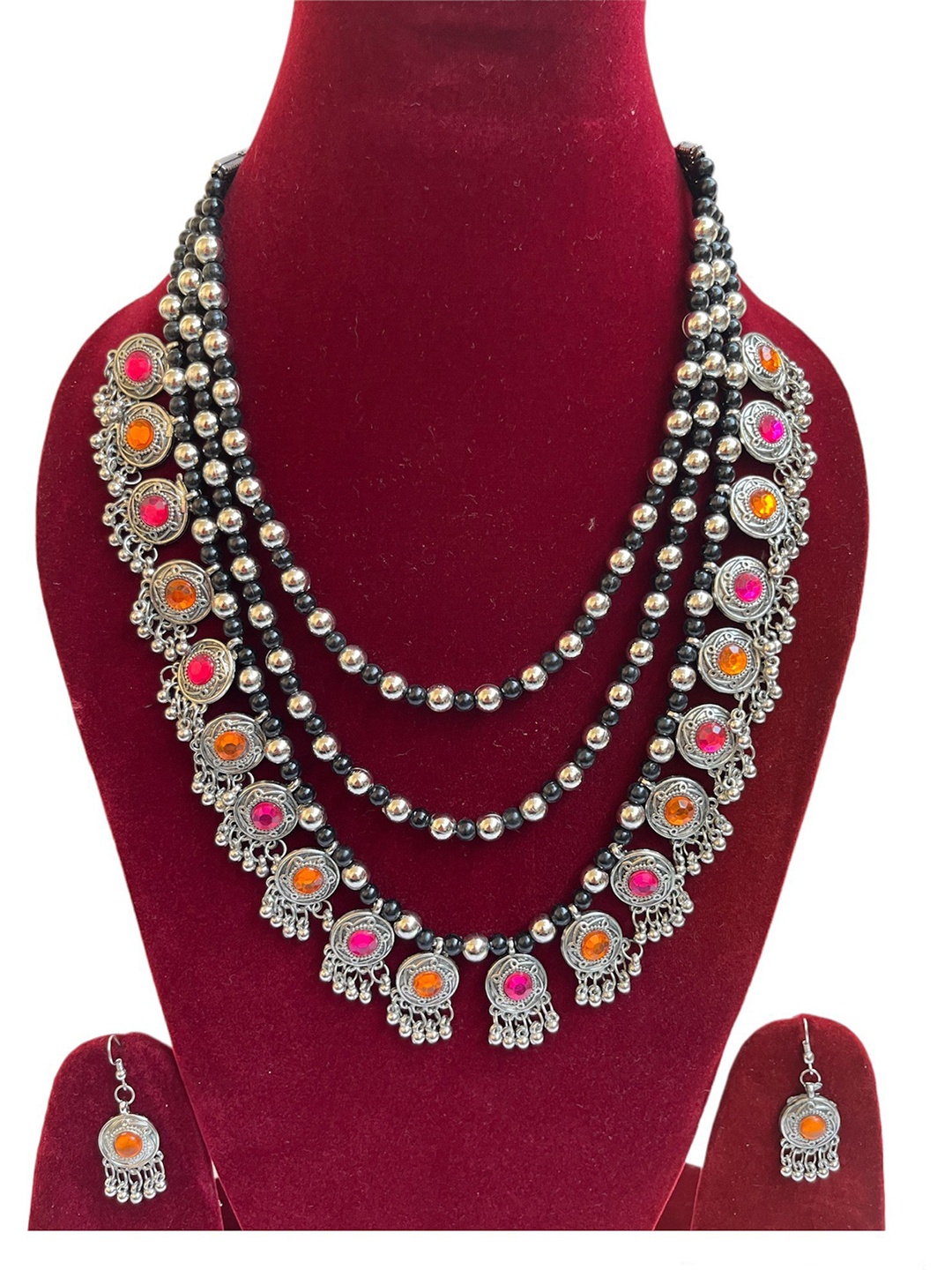 

SUNHARI Oxidised Stone Studded Layered Jewellery Set, Silver