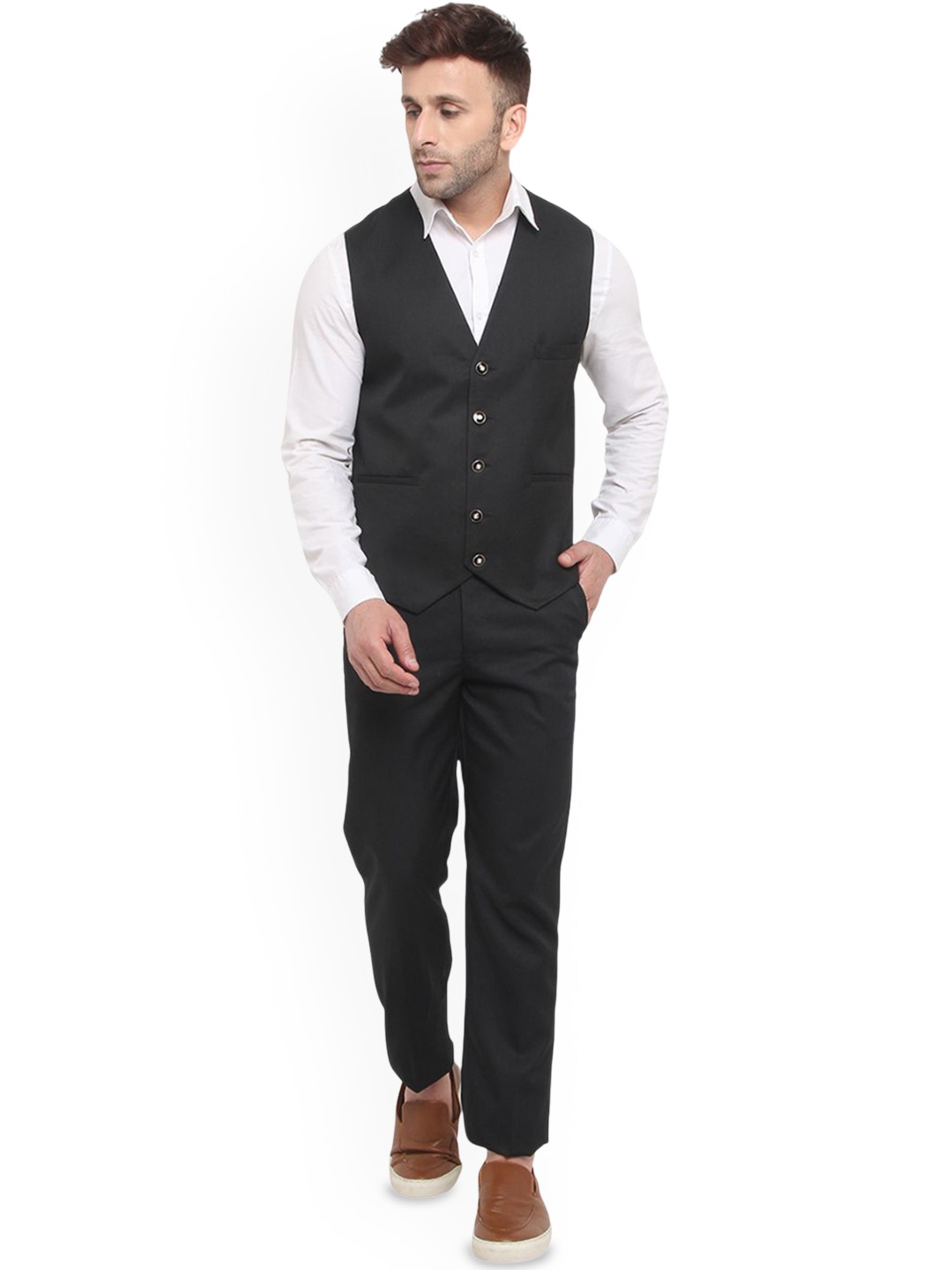 READYON Men V-Neck Two-Piece Formal Suit, Black