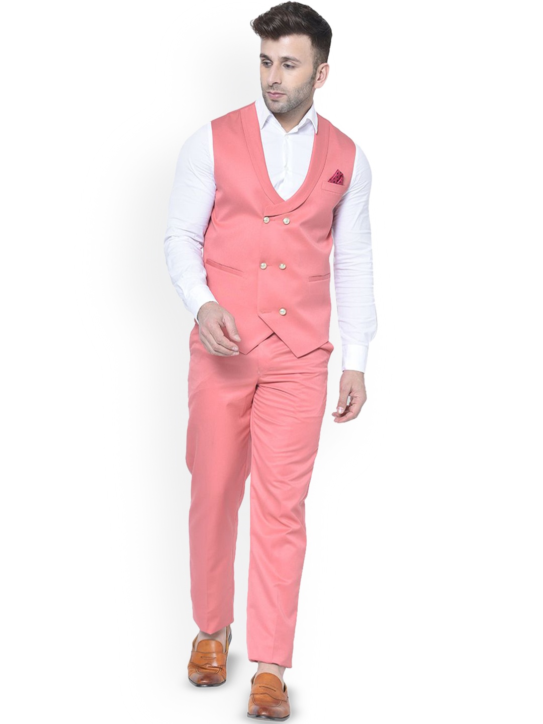 

READYON Men Shawl Collar Double-Breasted Two-Piece Suit, Pink