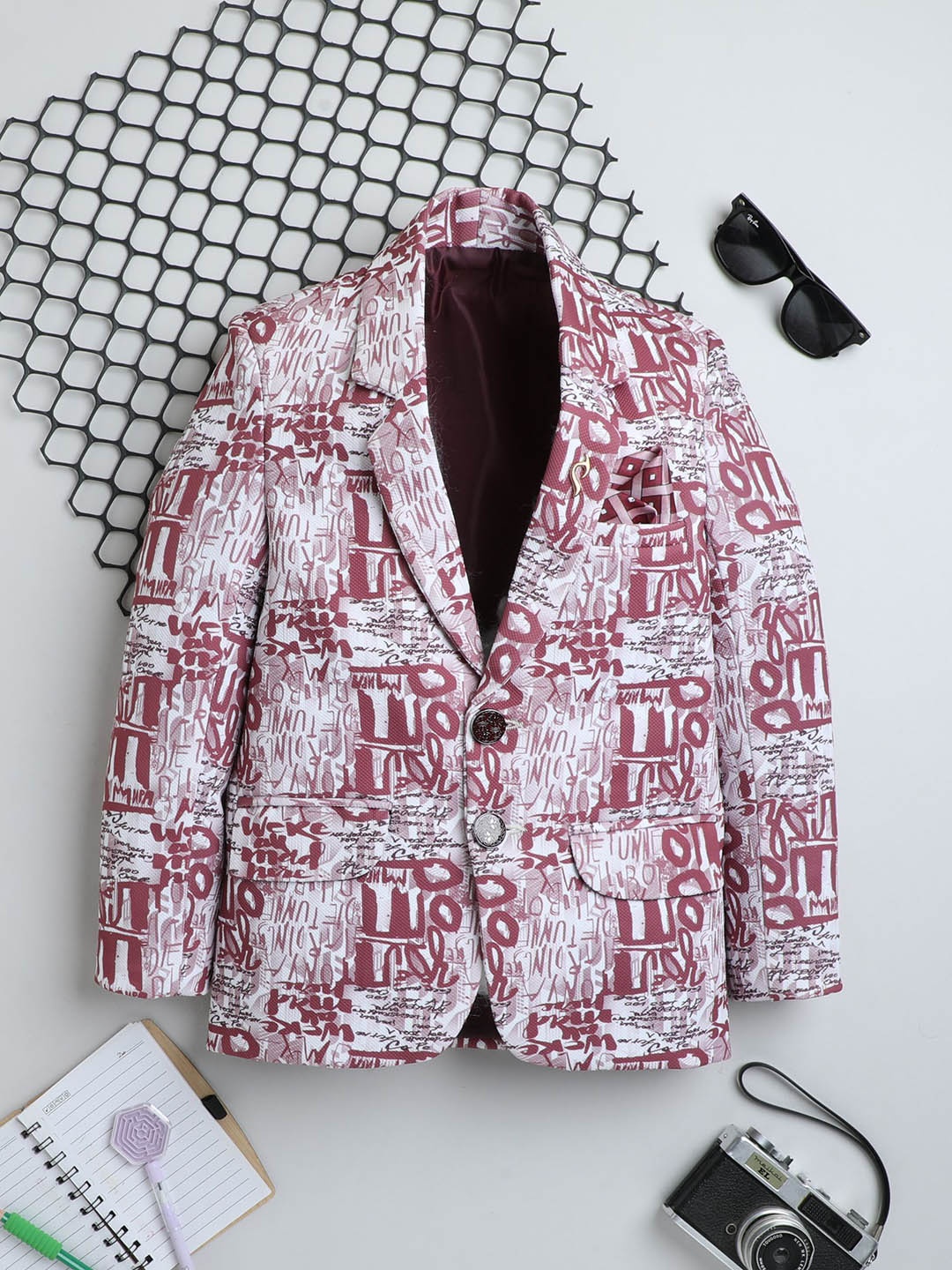 

FOURFOLDS Boys Printed Single Breasted Blazers, Maroon