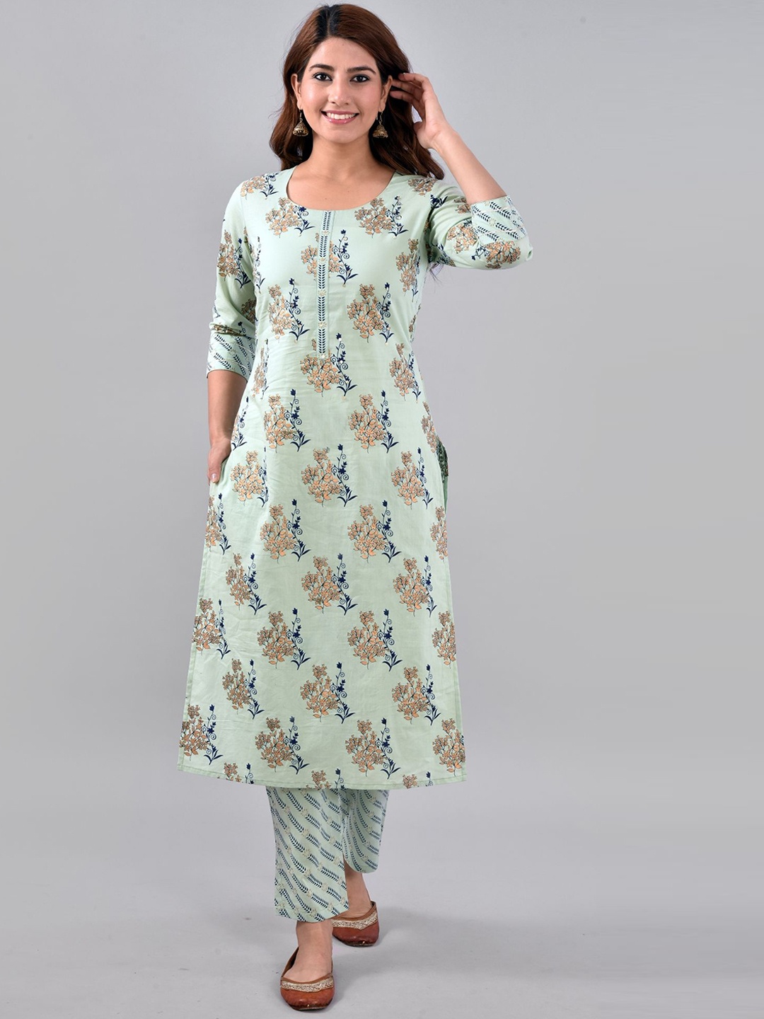 

KALINI Round Neck Floral Printed Sequinned Straight Kurta with Trousers, Green