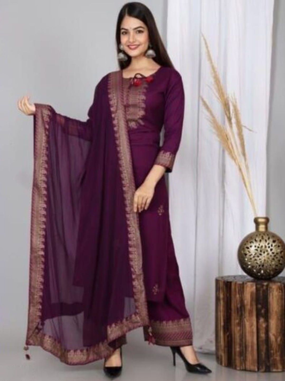

KALINI Round Neck Paisley Printed Straight Kurta with Palazzo & Dupatta, Purple