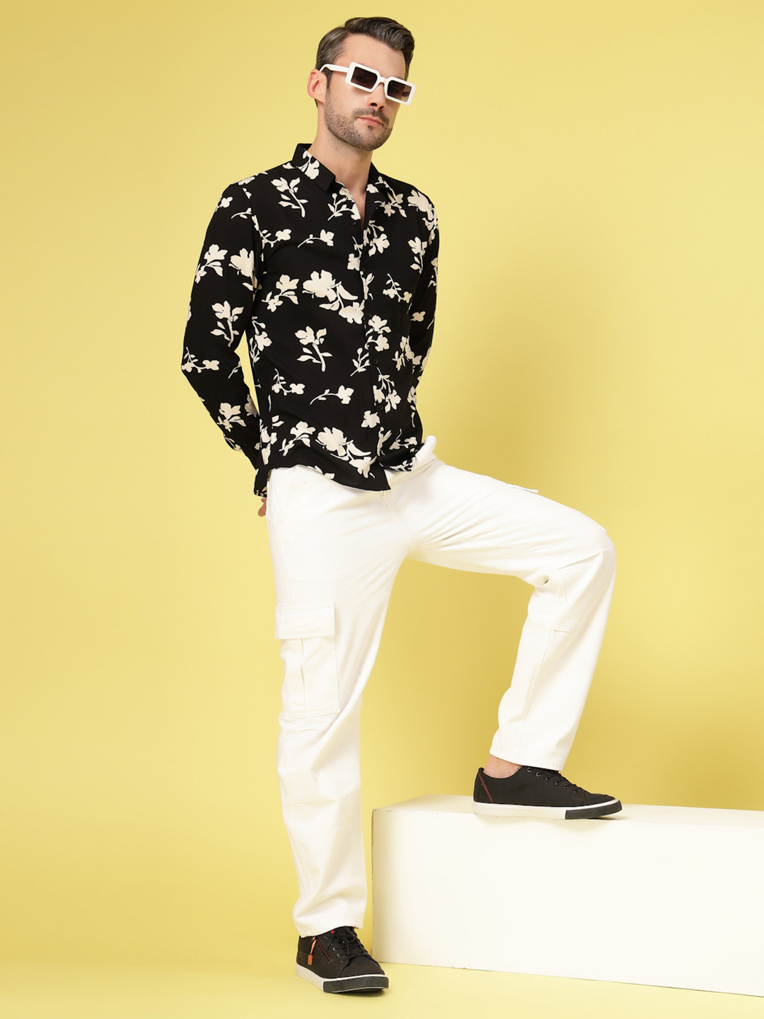 

Rigo Men Premium Floral Opaque Printed Casual Shirt, Black