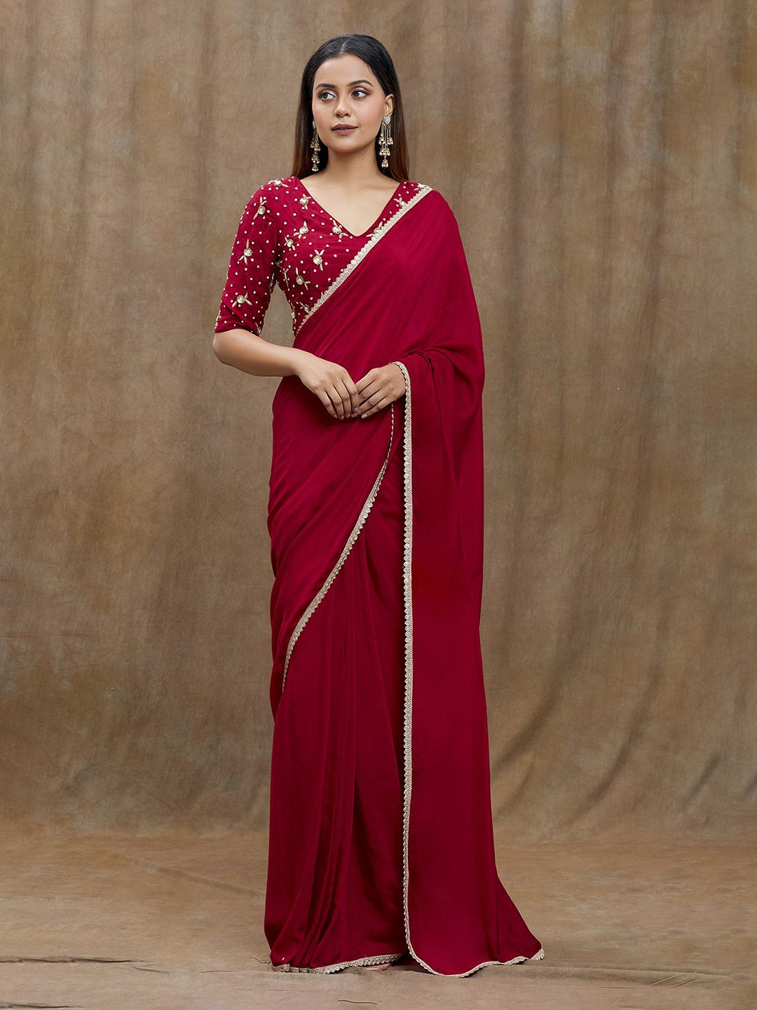 

Samyukta Singhania Beads and Stones Pure Silk Ready to Wear Chanderi Saree, Red