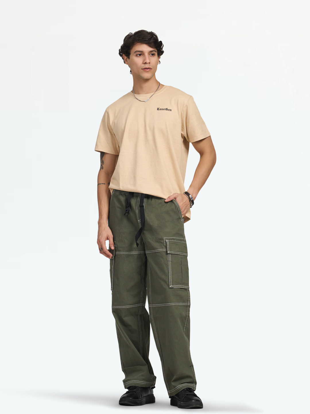 

LOVEGEN Men Typography Printed Round Neck Cotton Oversized T-shirt, Beige