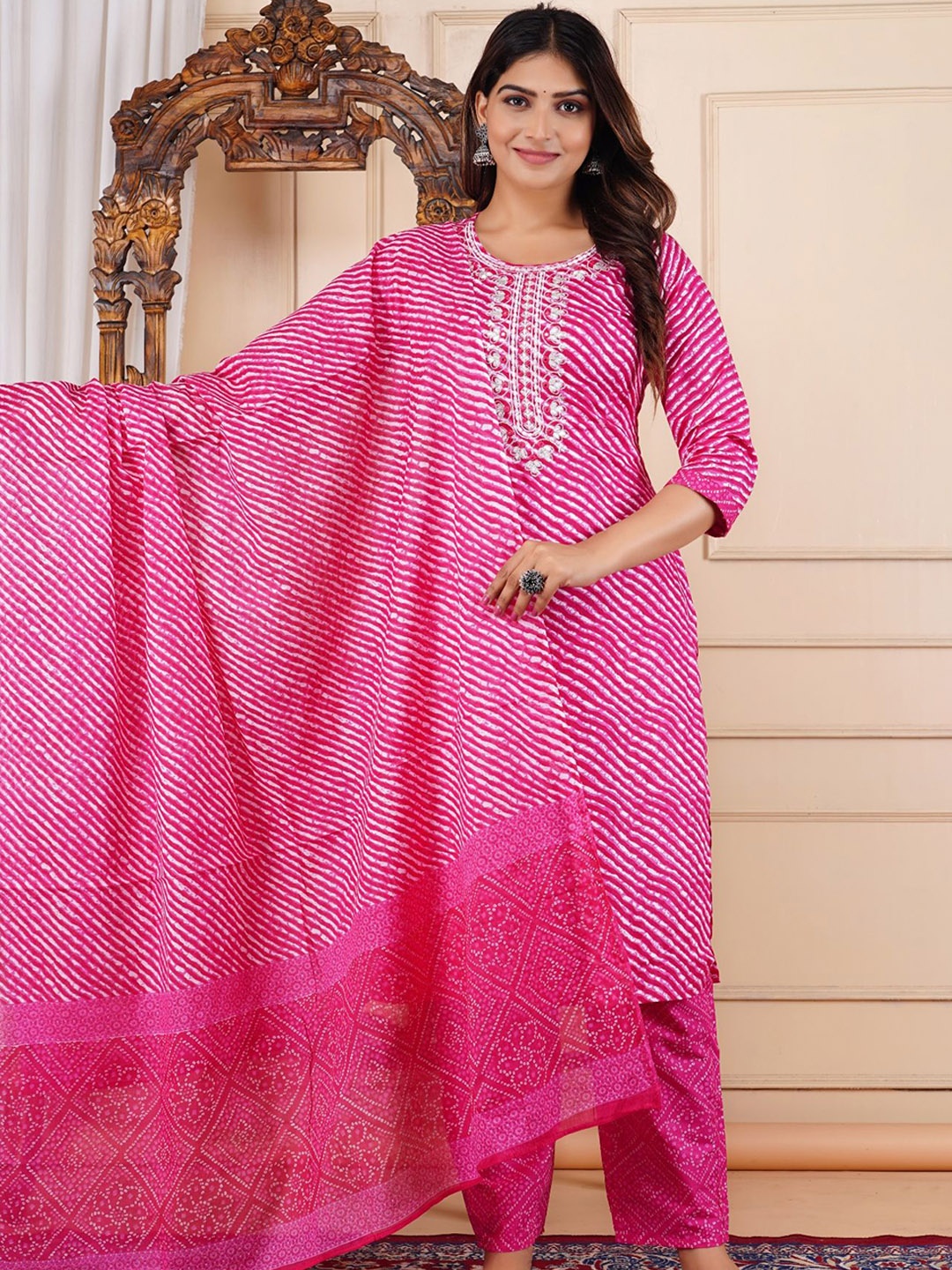 

AAYUMI Leheriya Printed Round Neck Pure Cotton Straight Kurta With Trousers & Dupatta, Pink