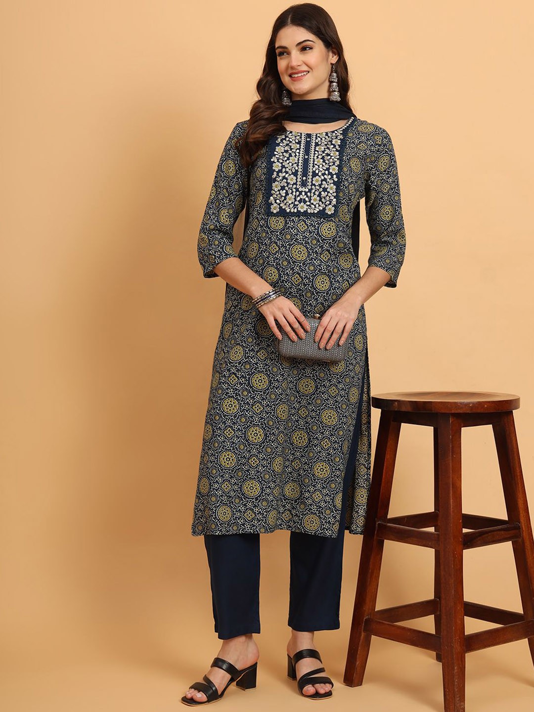 

AAYUMI Ethnic Motifs Printed Round Neck Pure Cotton Straight Kurta With Trousers & Dupatta, Blue
