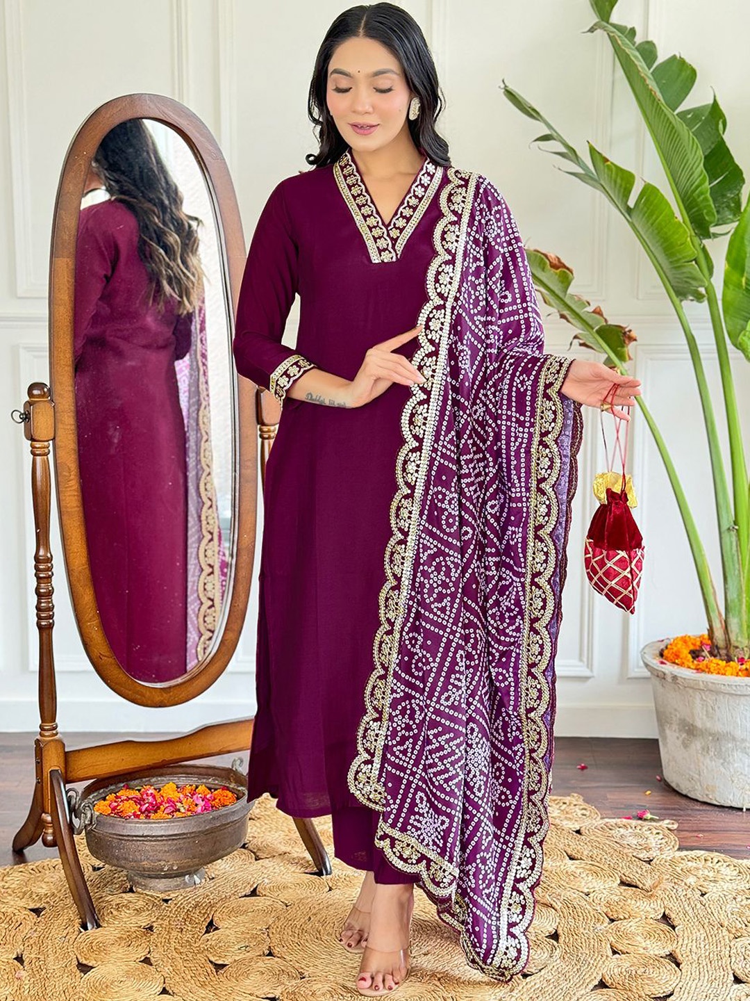 

KALINI V-Neck Yoke Design Sequinned Straight Kurta with Trouser & Dupatta, Purple