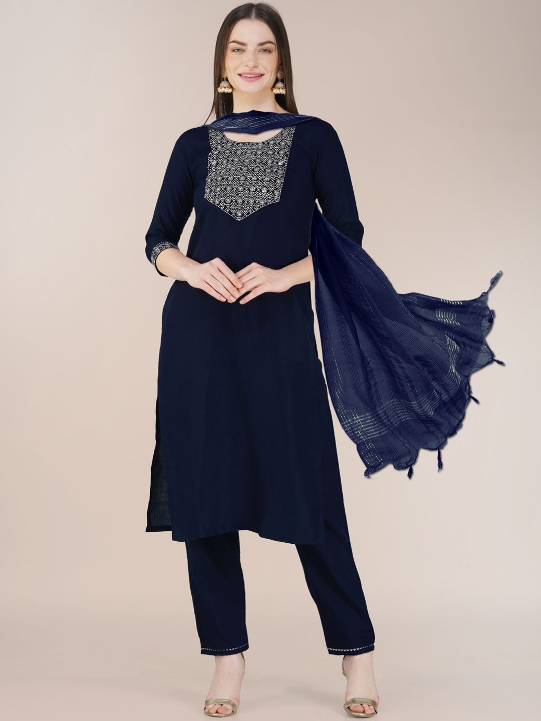 

BERISTON Ethnic Motifs Embroidered Regular Straight Kurta with Trousers & Dupatta, Navy blue