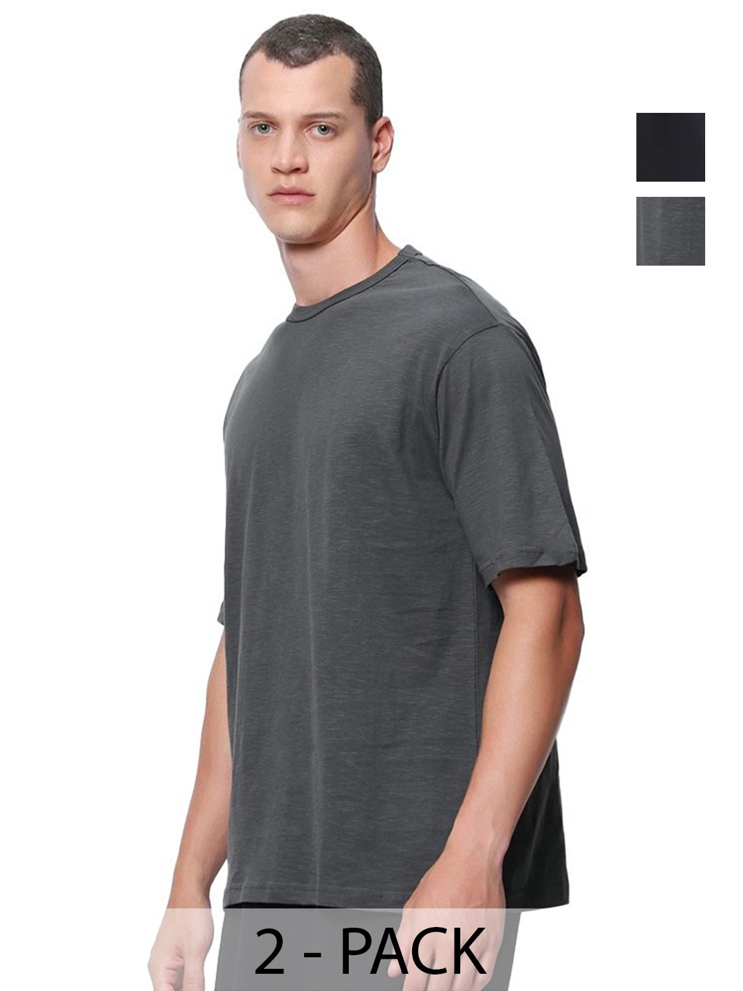 

VIXENLY Men Pack Of 2 Solid Round Neck Cotton T-shirts, Charcoal