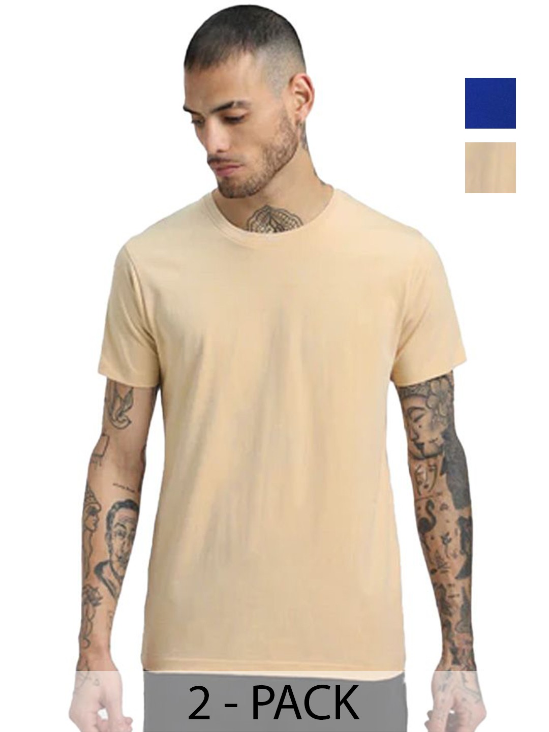 

VIXENLY Men Pack Of 2 Solid Round Neck Cotton T-shirts, Blue