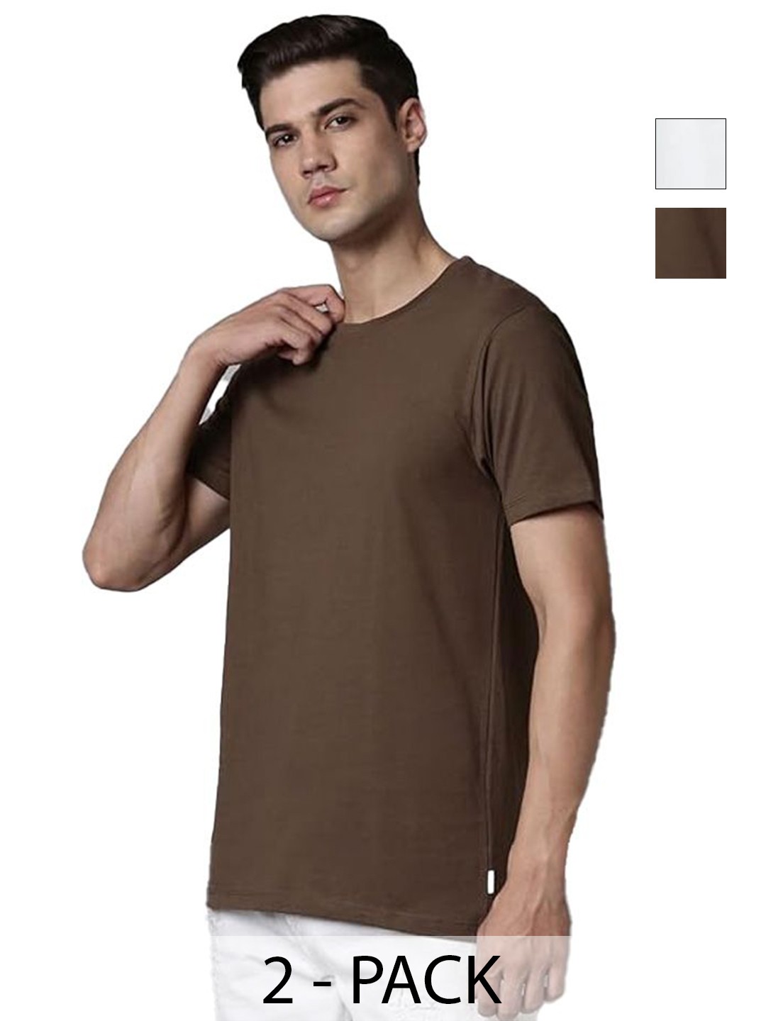 

VIXENLY Men Pack Of 2 Solid Round Neck Cotton T-shirts, Brown