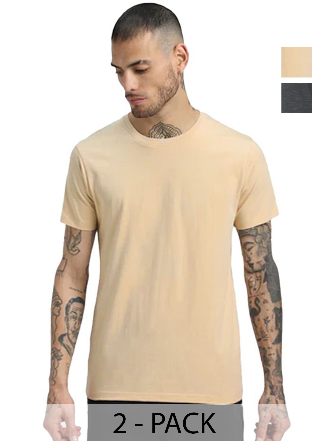 

VIXENLY Men Pack Of 2 Solid Round Neck Cotton Oversized T-shirts, Grey