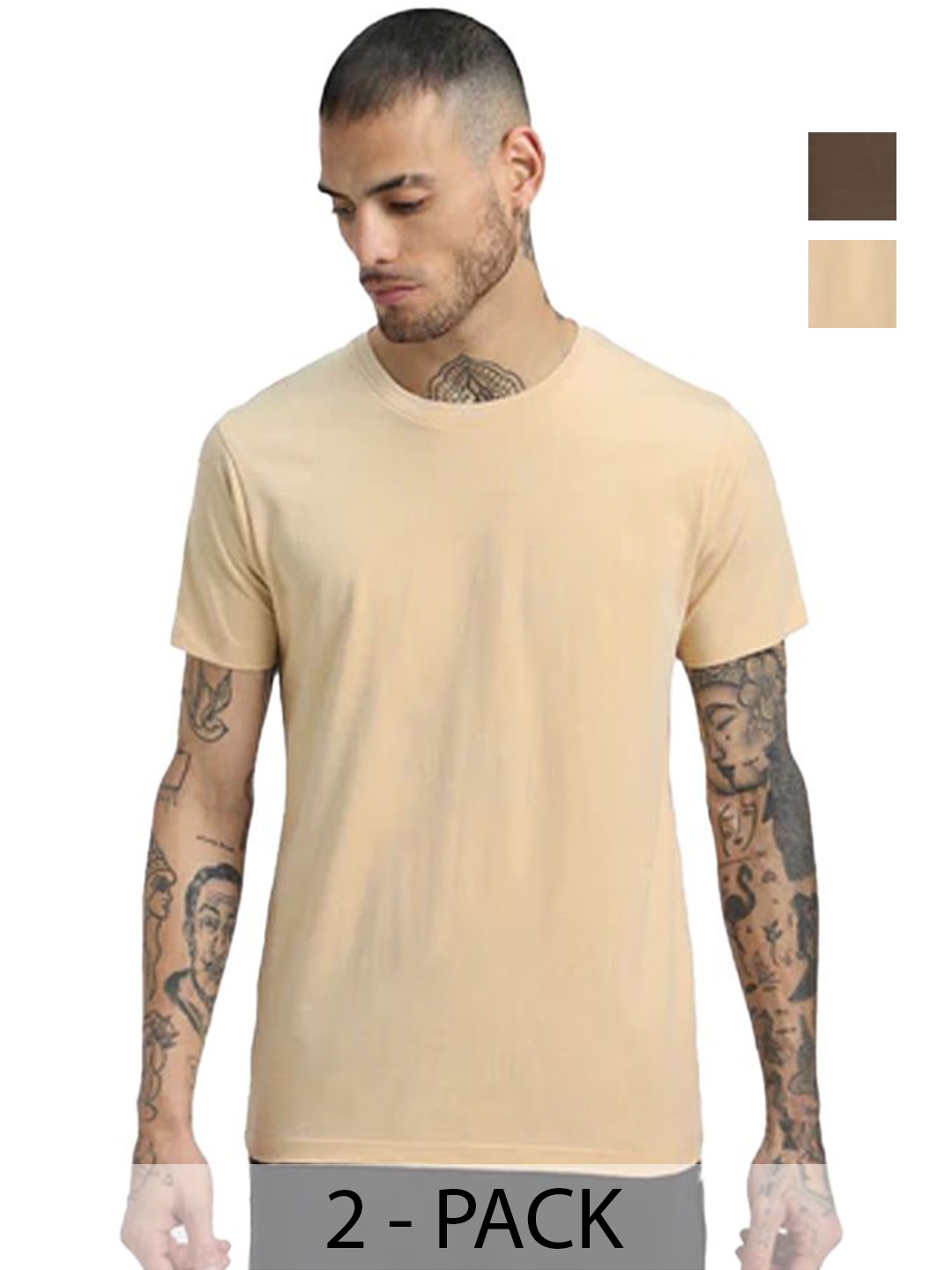 

VIXENLY Men Pack Of 2 Solid Round Neck Cotton T-shirts, Brown
