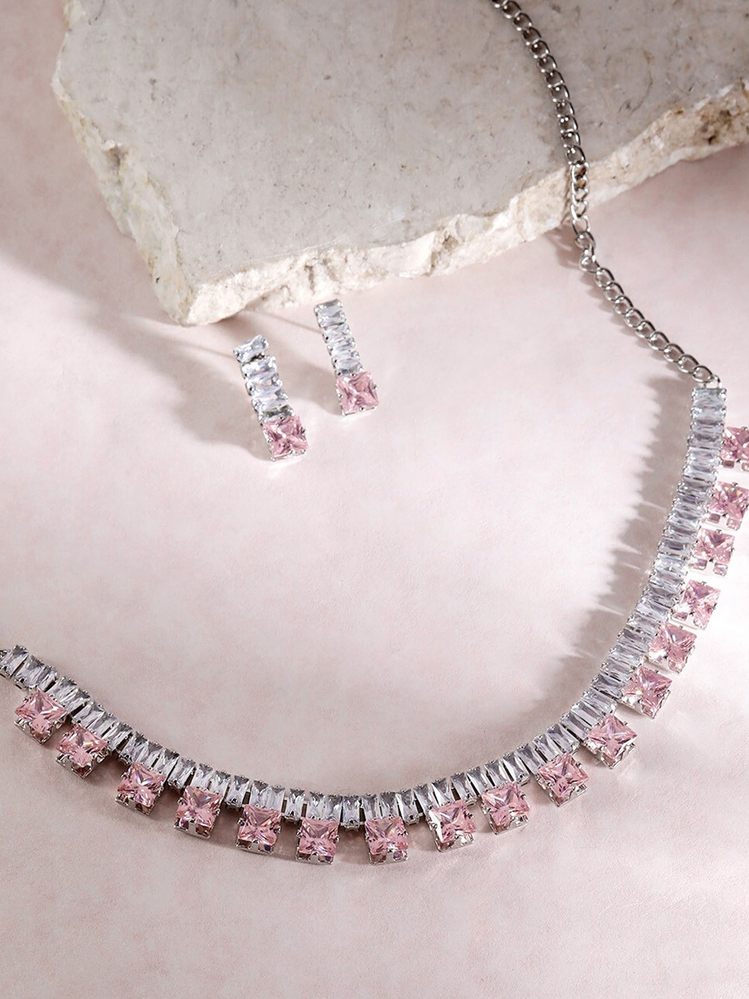 

ORANGENYSHA Rhodium Plated Crystals & AD Gemstone Studded Jewellery Set, Silver