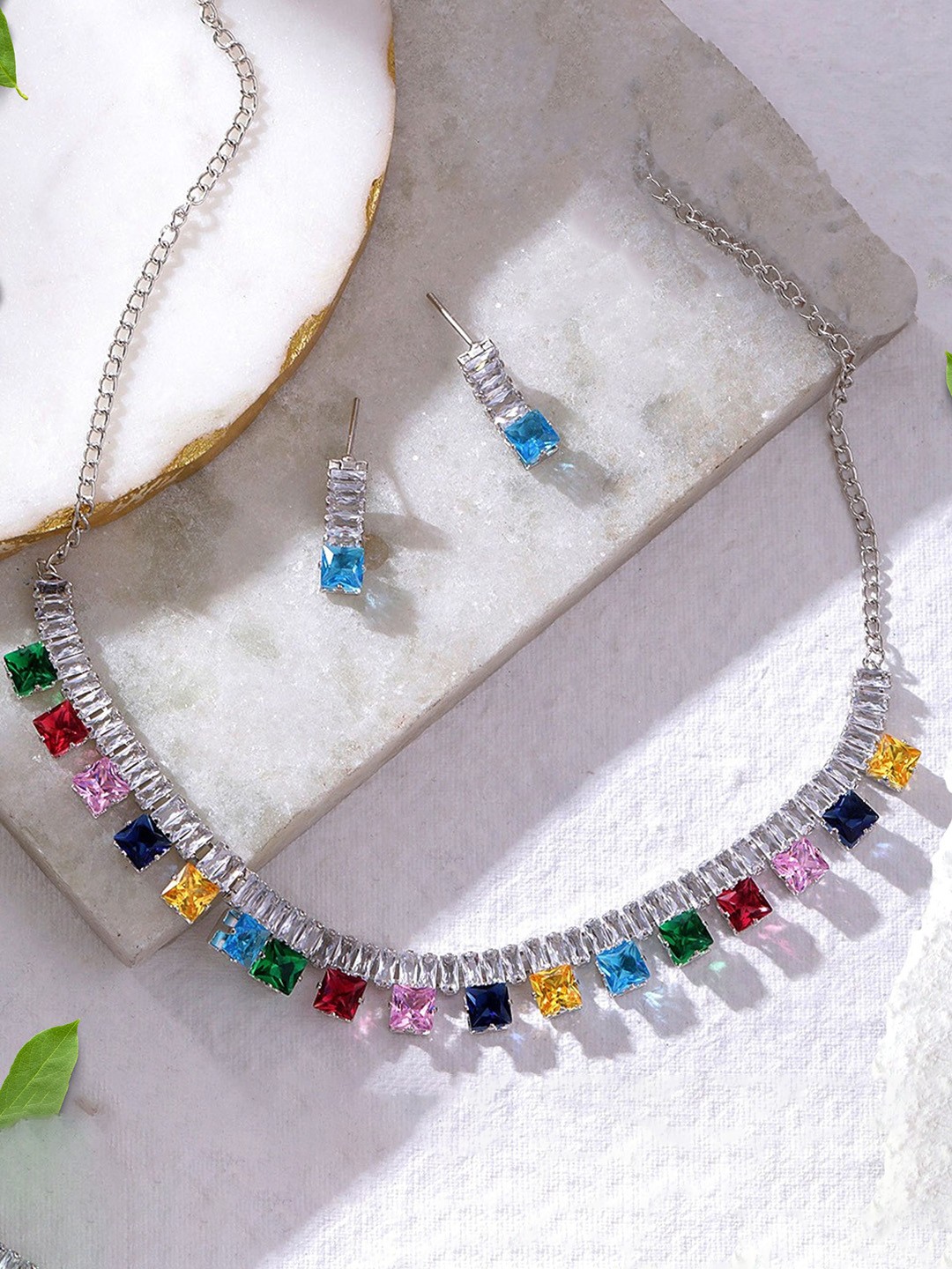 

ORANGENYSHA Rhodium Plated American Diamond Studded Jewellery Set, Silver
