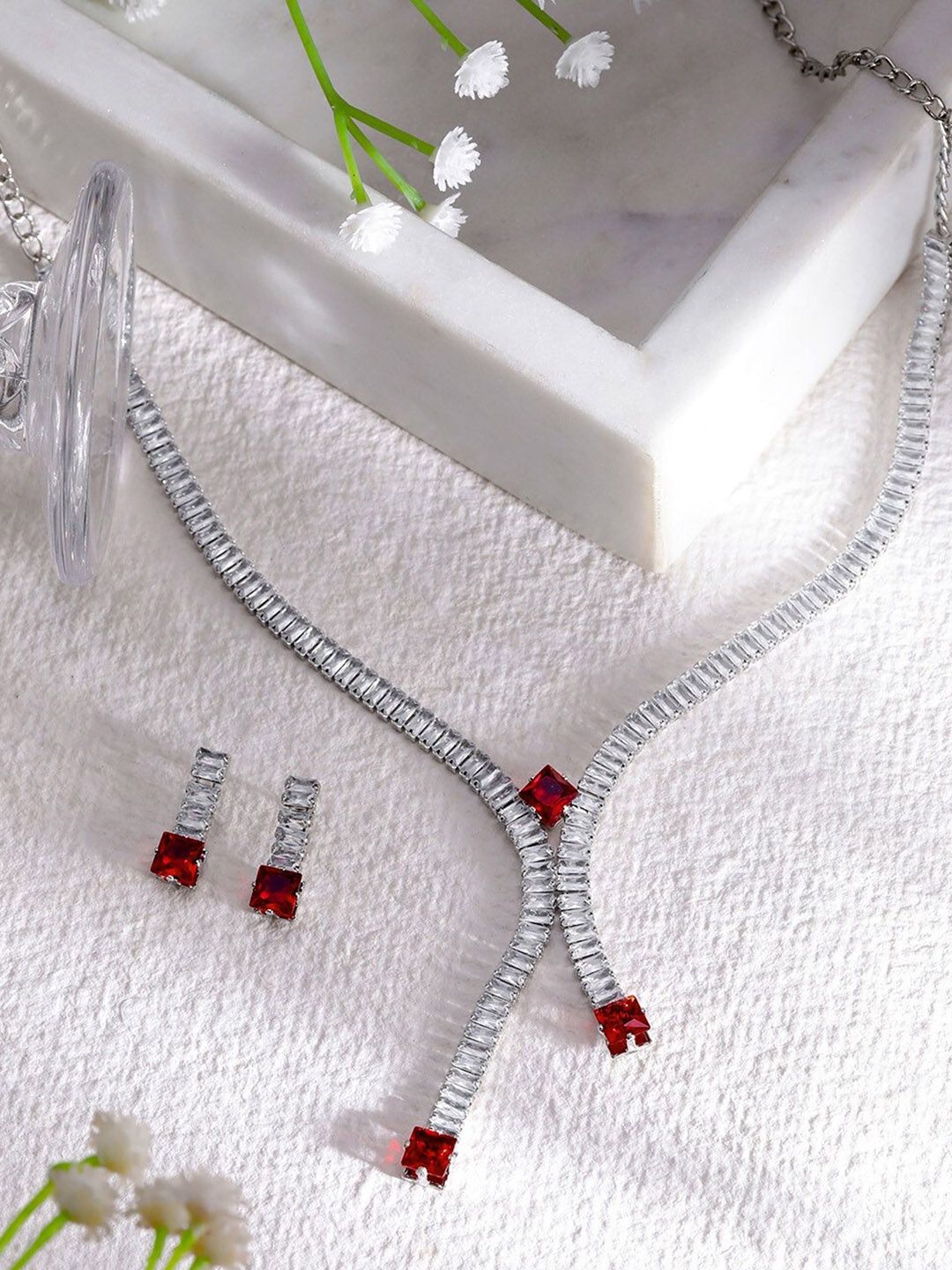 

ORANGENYSHA Rhodium Plated Crystals & AD Gemstone Studded Jewellery Set, Silver