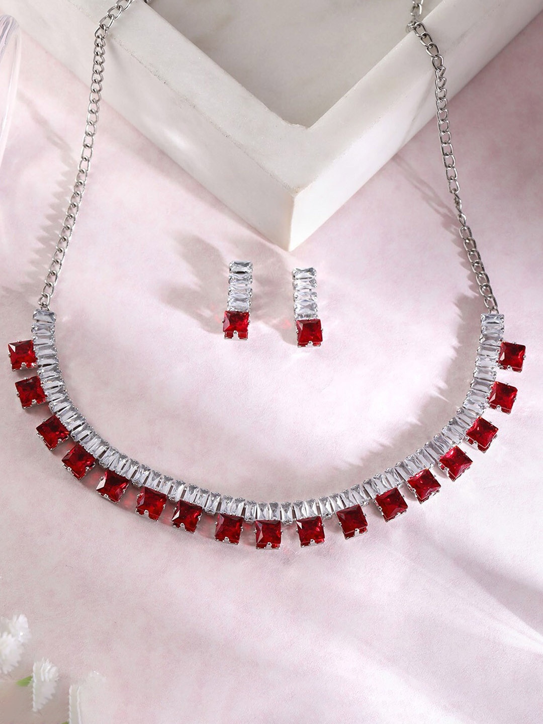 

ORANGENYSHA Rhodium-Plated American Diamond Studded Jewellery Set, Silver