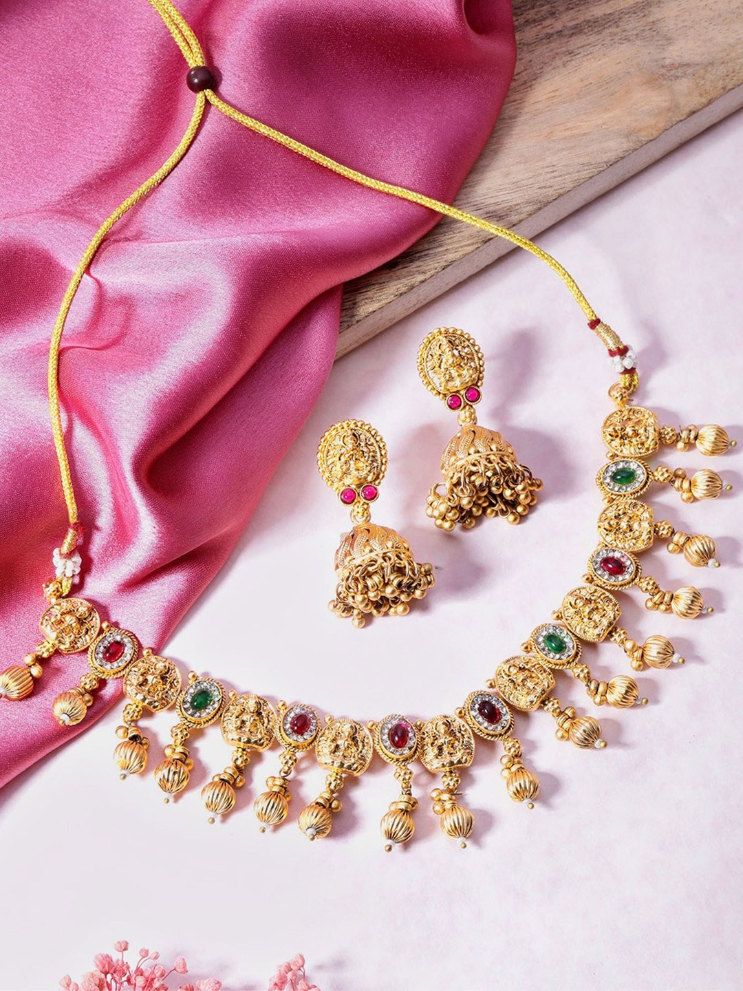

ORANGENYSHA Gold Plated Stone Studded Temple Jewellery Set
