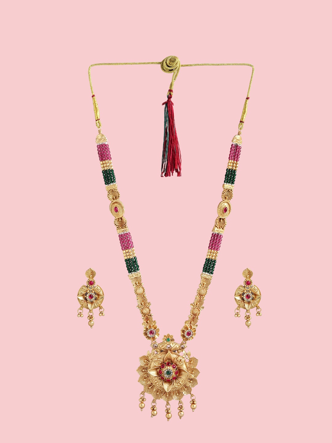 

ORANGENYSHA 24K Gold Plated American Diamond Studded & Beaded Jadau Jewellery Set