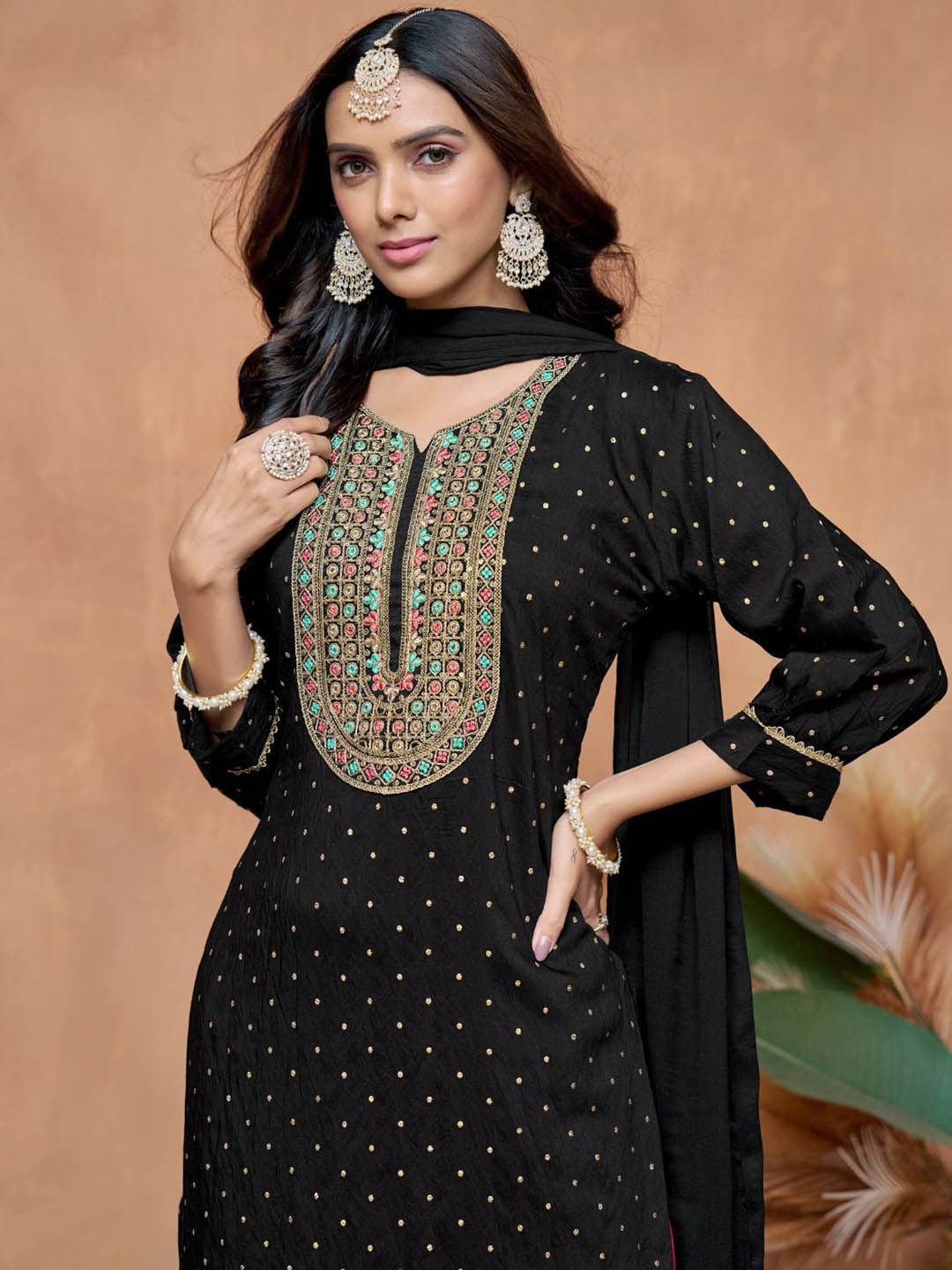 

Sangria Women Chanderi Embroidered Straight Kurta Salwar Dupatta Set, Black