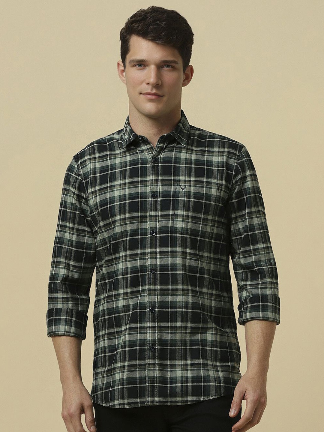 

Allen Solly Men Custom Spread Collar Checked Cotton Casual Shirt, Green