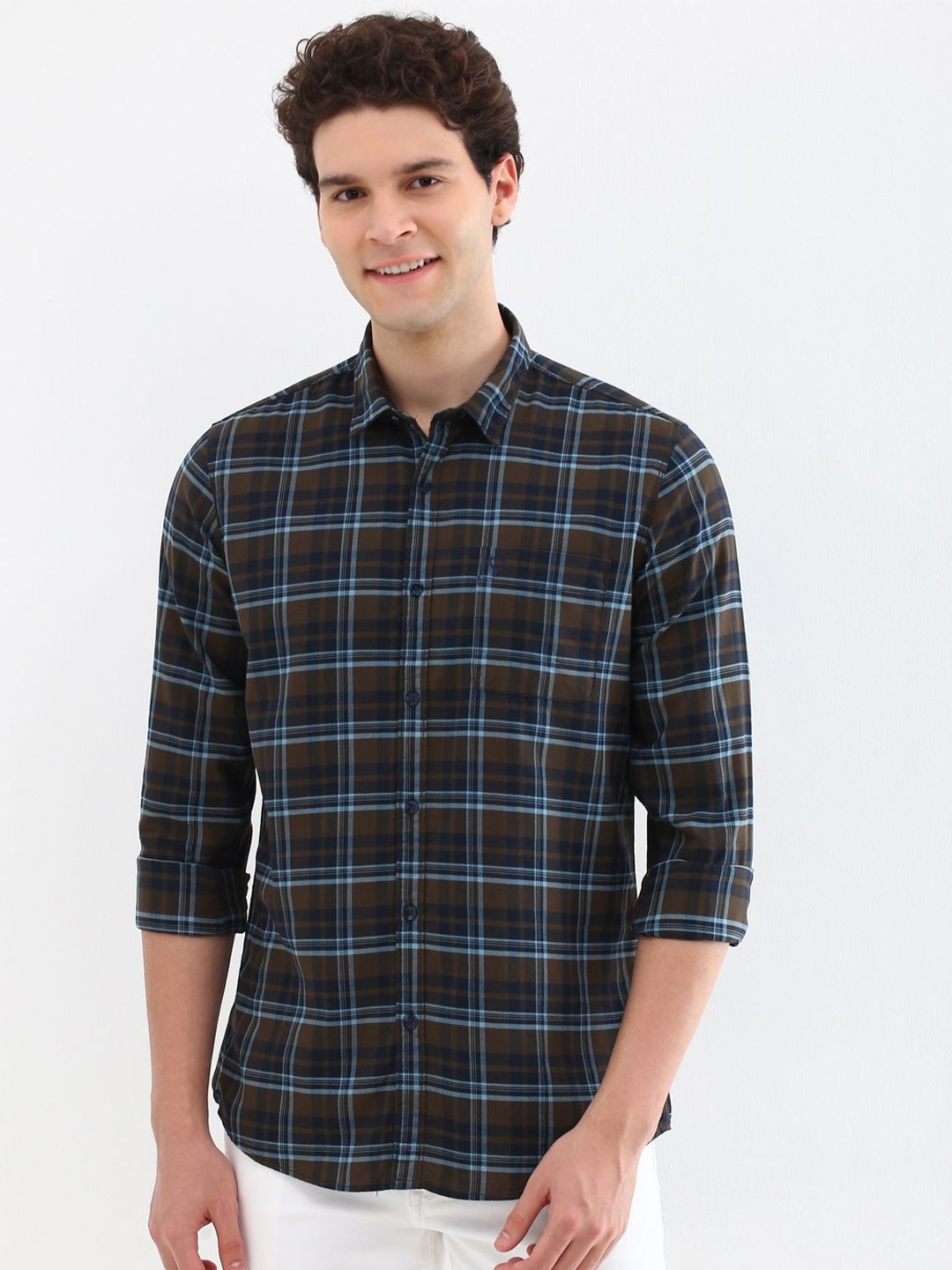 

Allen Solly Men Custom Spread Collar Checked Cotton Casual Shirt, Brown