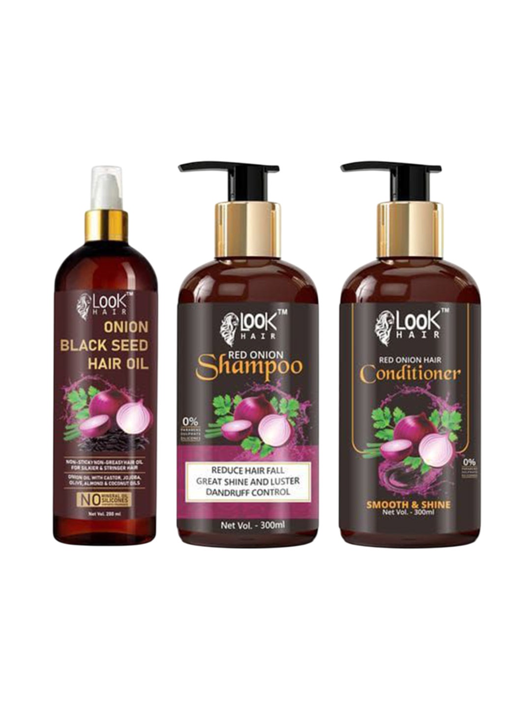 

LOOK HAIR Set Of 3 Onion Hair Oil -200 ml, Red Onion Shampoo & Conditioner -300 ml Each