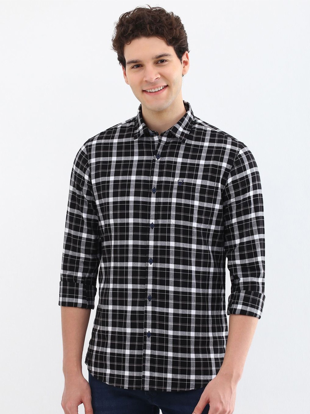 

Allen Solly Men Custom Spread Collar Windowpane Checked Cotton Casual Shirt, Black