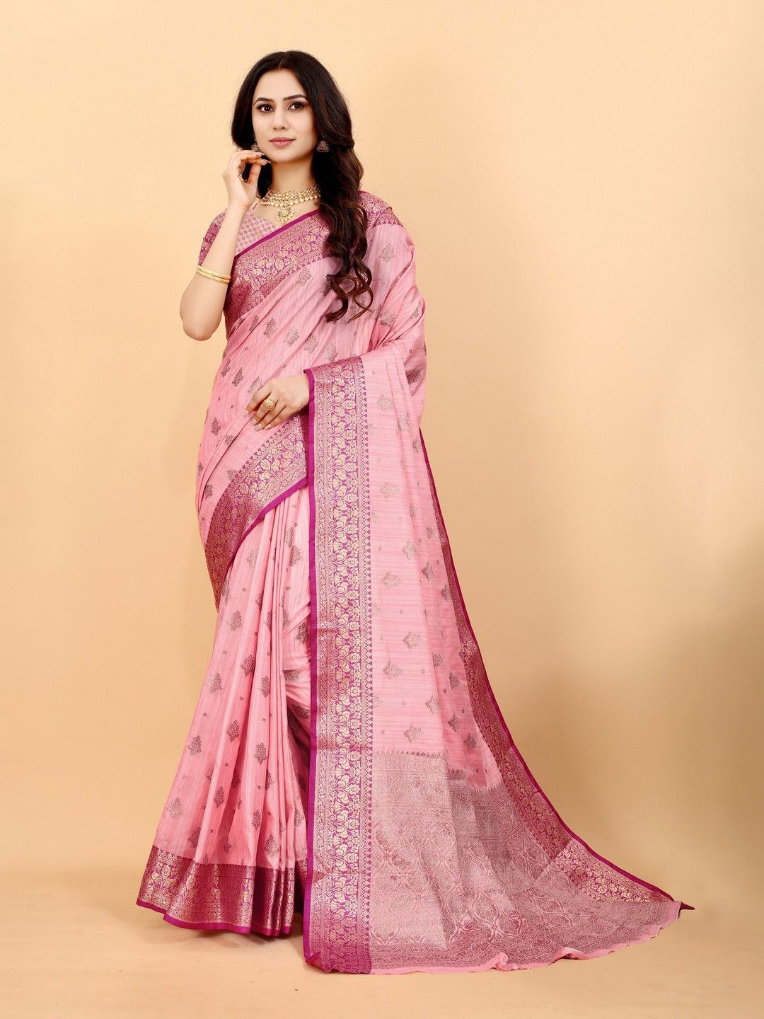 

VARNI FABRICS Woven Design Zari Pure Silk Saree, Pink