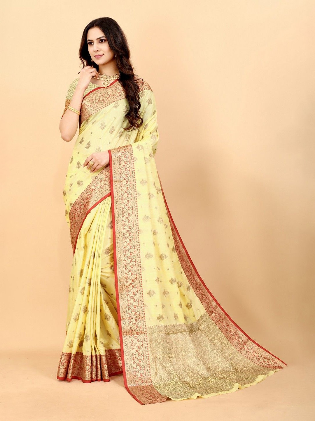 

VARNI FABRICS Woven Design Zari Pure Silk Saree, Yellow
