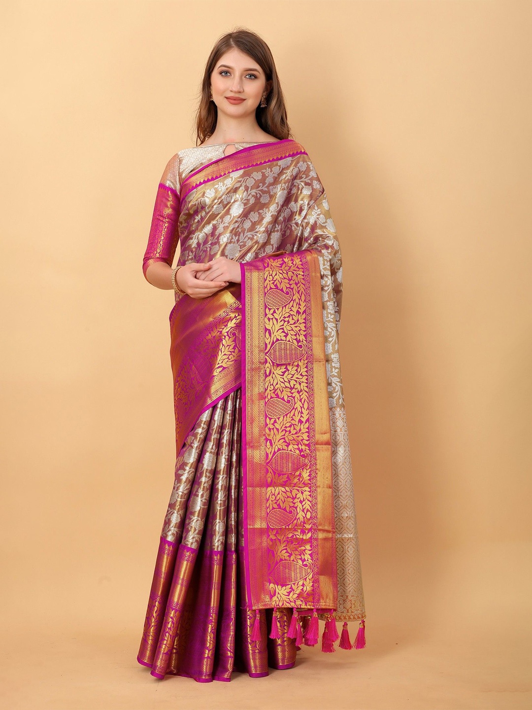 VARNI FABRICS Ethnic Motifs Zari Pure Silk Banarasi Saree, Purple