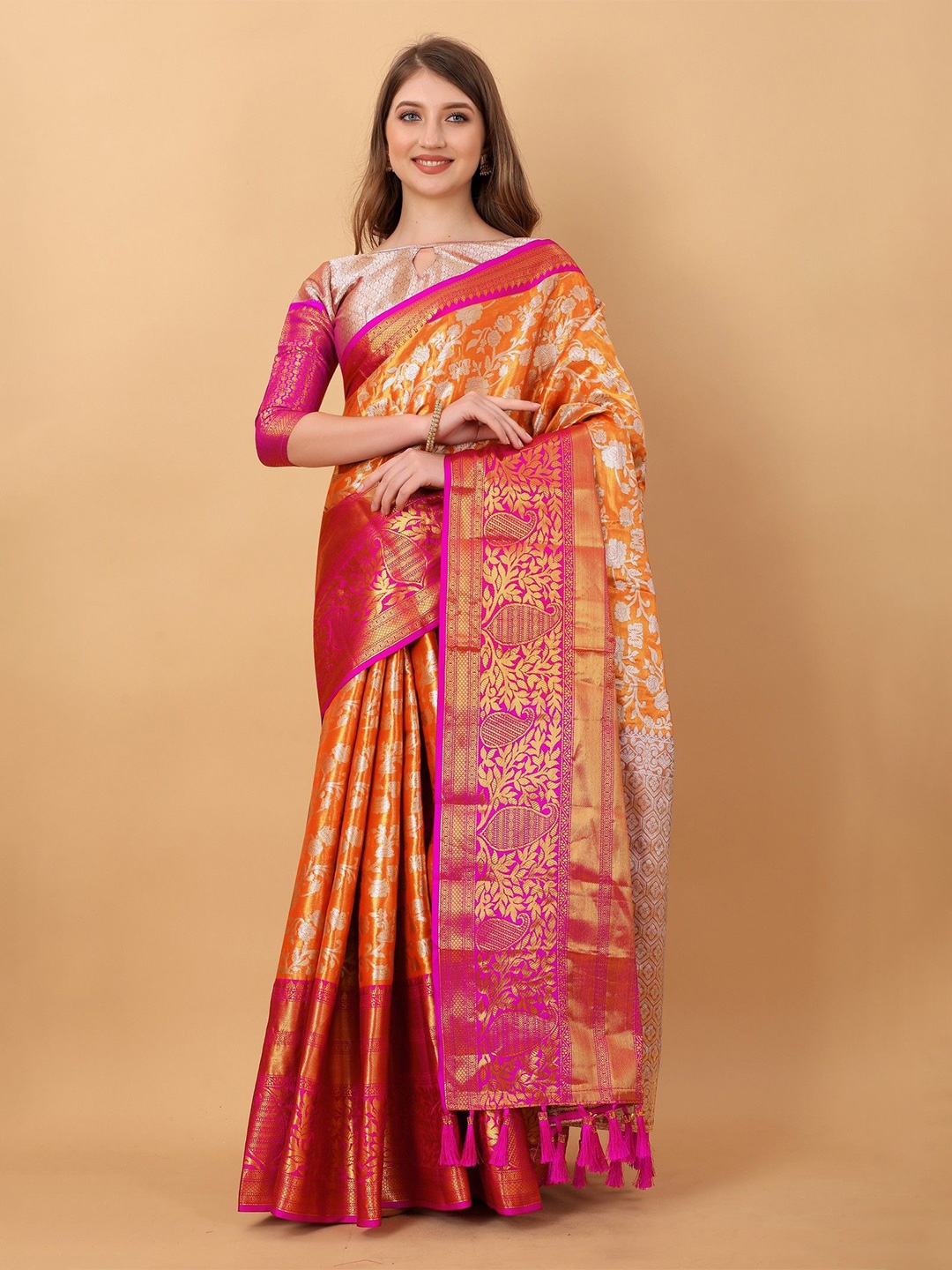 VARNI FABRICS Woven Design Pure Silk Kanjeevaram Saree, Orange