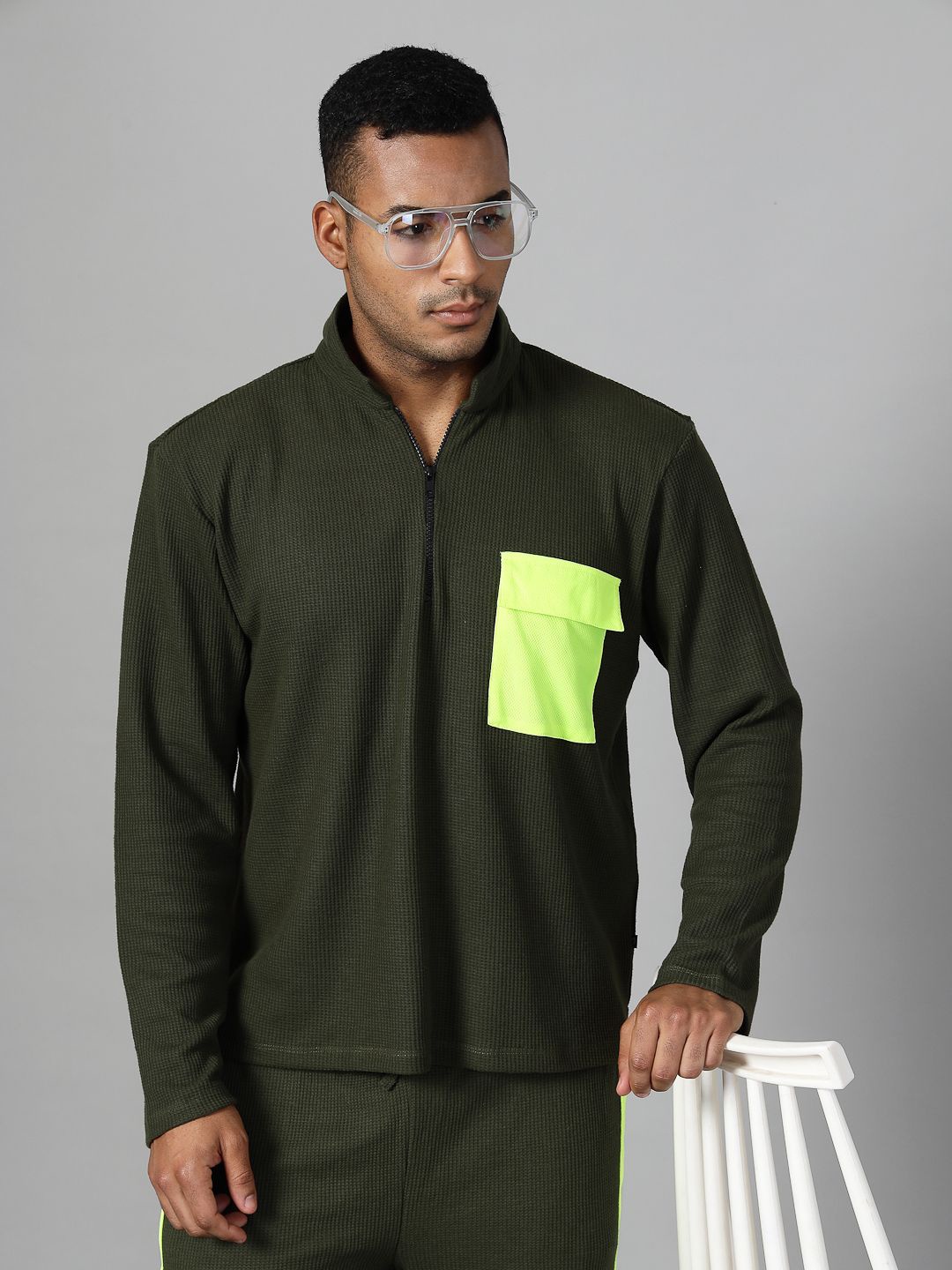 

Rigo Men Solid Mandarin Collar Cotton Oversized T-shirt, Olive