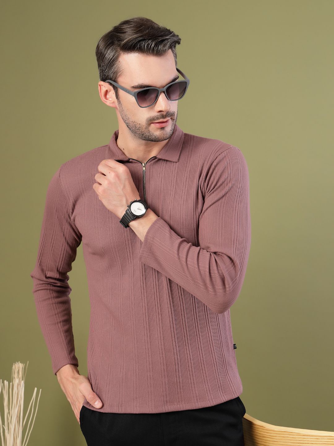 

Rigo Men Self Design Polo Collar Cotton T-shirt, Mauve