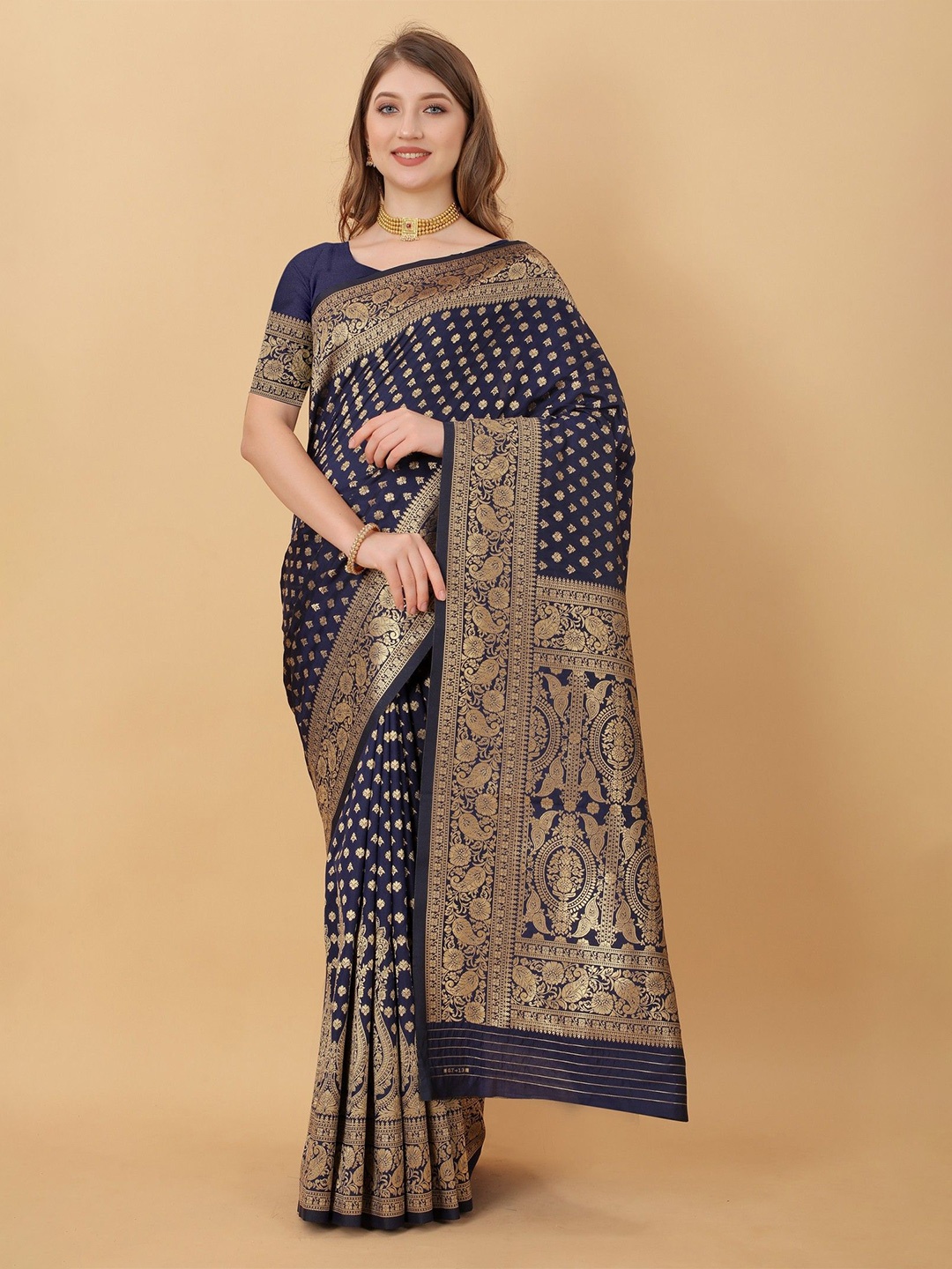 

VARNI FABRICS Woven Design Zari Pure Silk Banarasi Saree, Navy blue