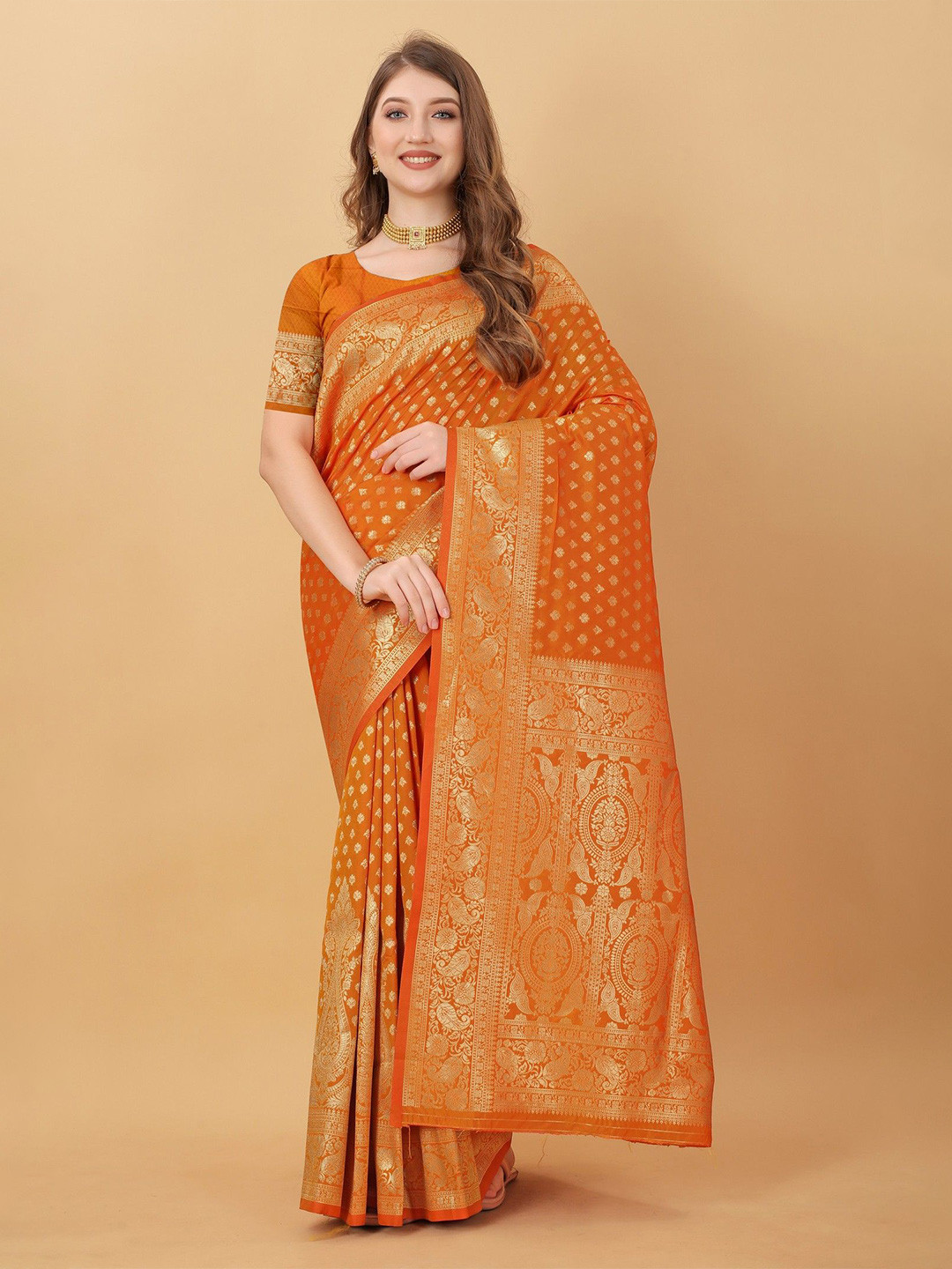 

VARNI FABRICS Woven Design Zari Pure Silk Banarasi Saree, Orange