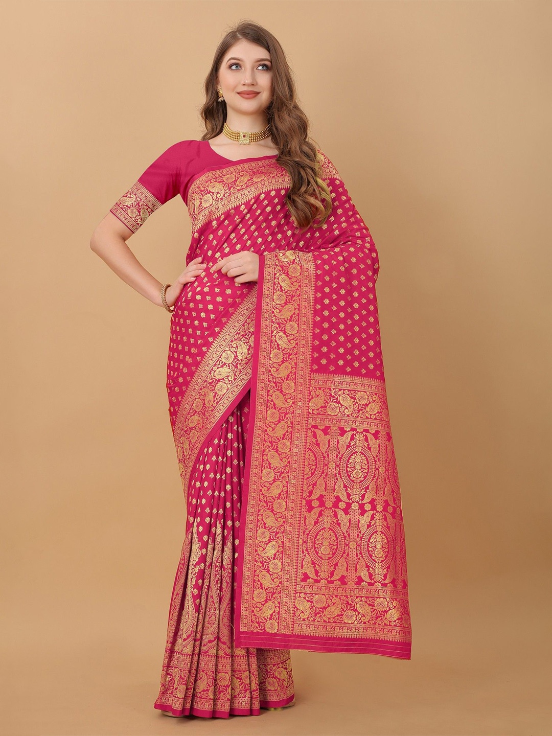 

VARNI FABRICS Woven Design Pure Silk Banarasi Sarees, Pink