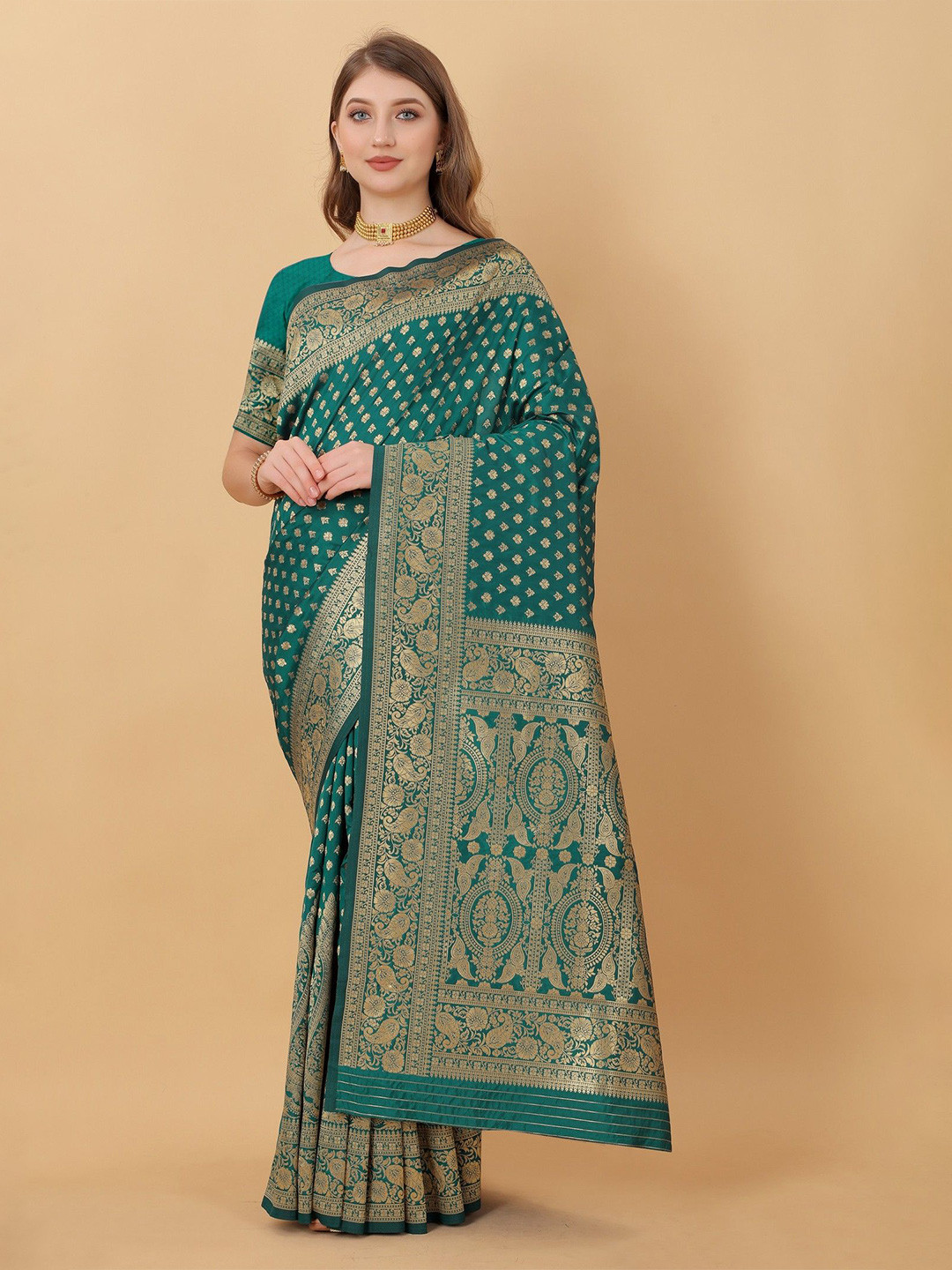 

VARNI FABRICS Woven Design Zari Pure Silk Banarasi Saree, Sea green