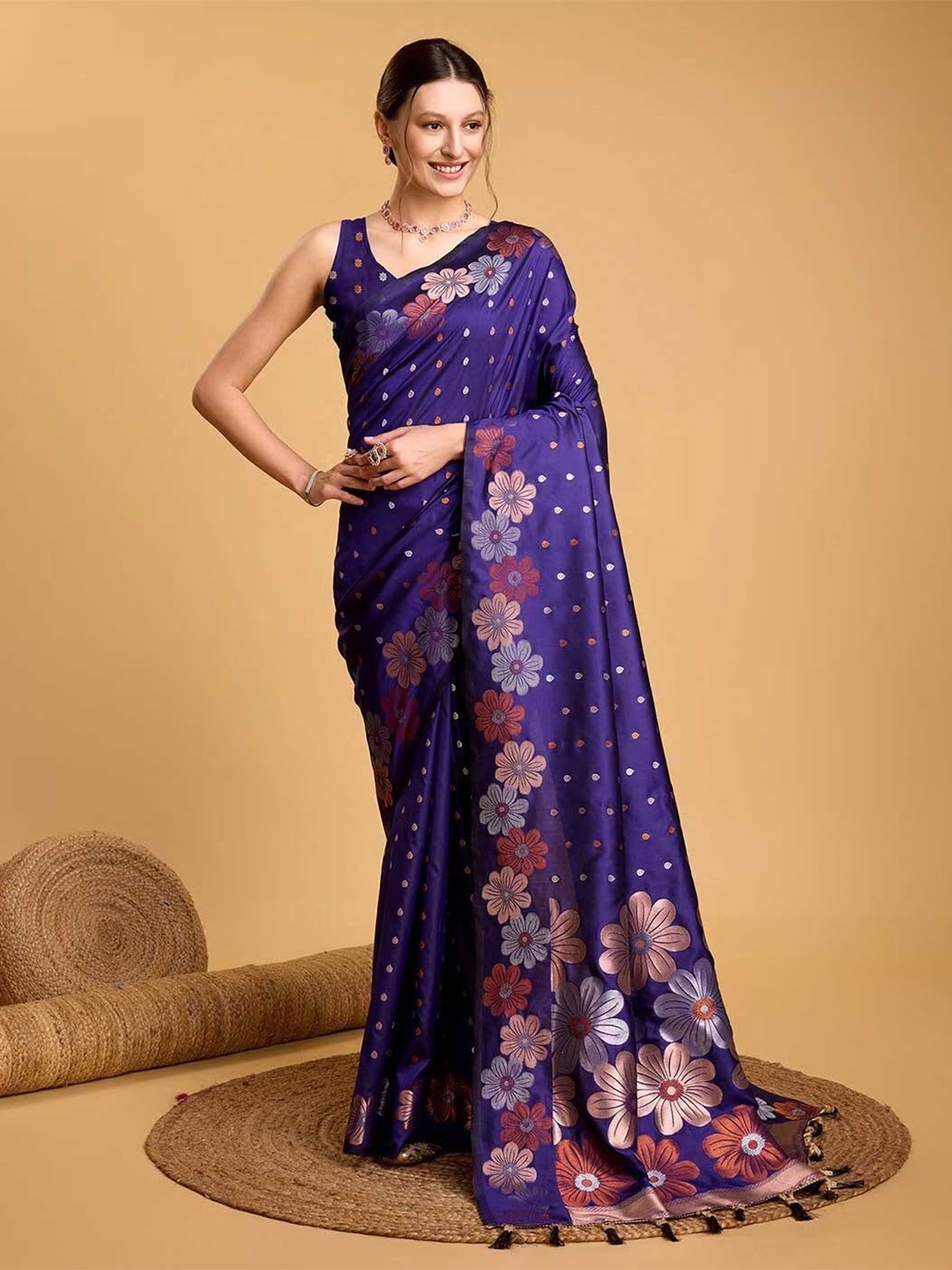 

KALINI Ethnic Motifs Woven Design Zari Banarasi Saree, Navy blue