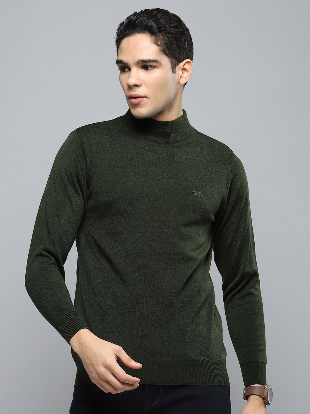

Cloak & Decker Men High Neck Woollen Pullover, Olive