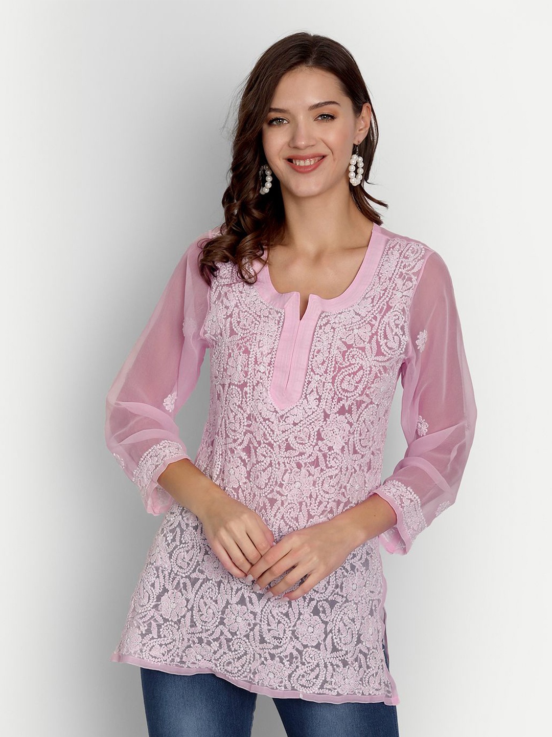 

Indiankala4u Embroidered Chikankari Georgette Top, Pink