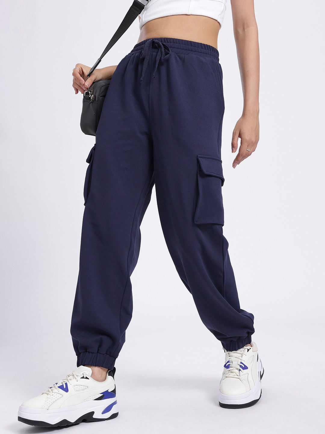 

glitchez Women Cityscape Knitwear Relaxed fit Cargo Style Joggers, Navy blue