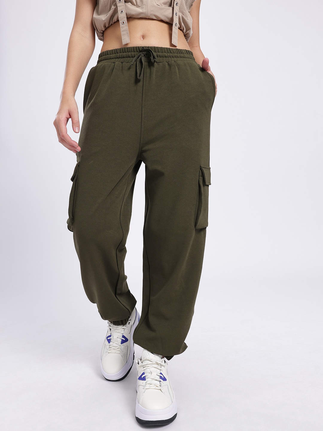 

glitchez Women Knit & Go Relaxed fit Cargo Style Joggers, Olive