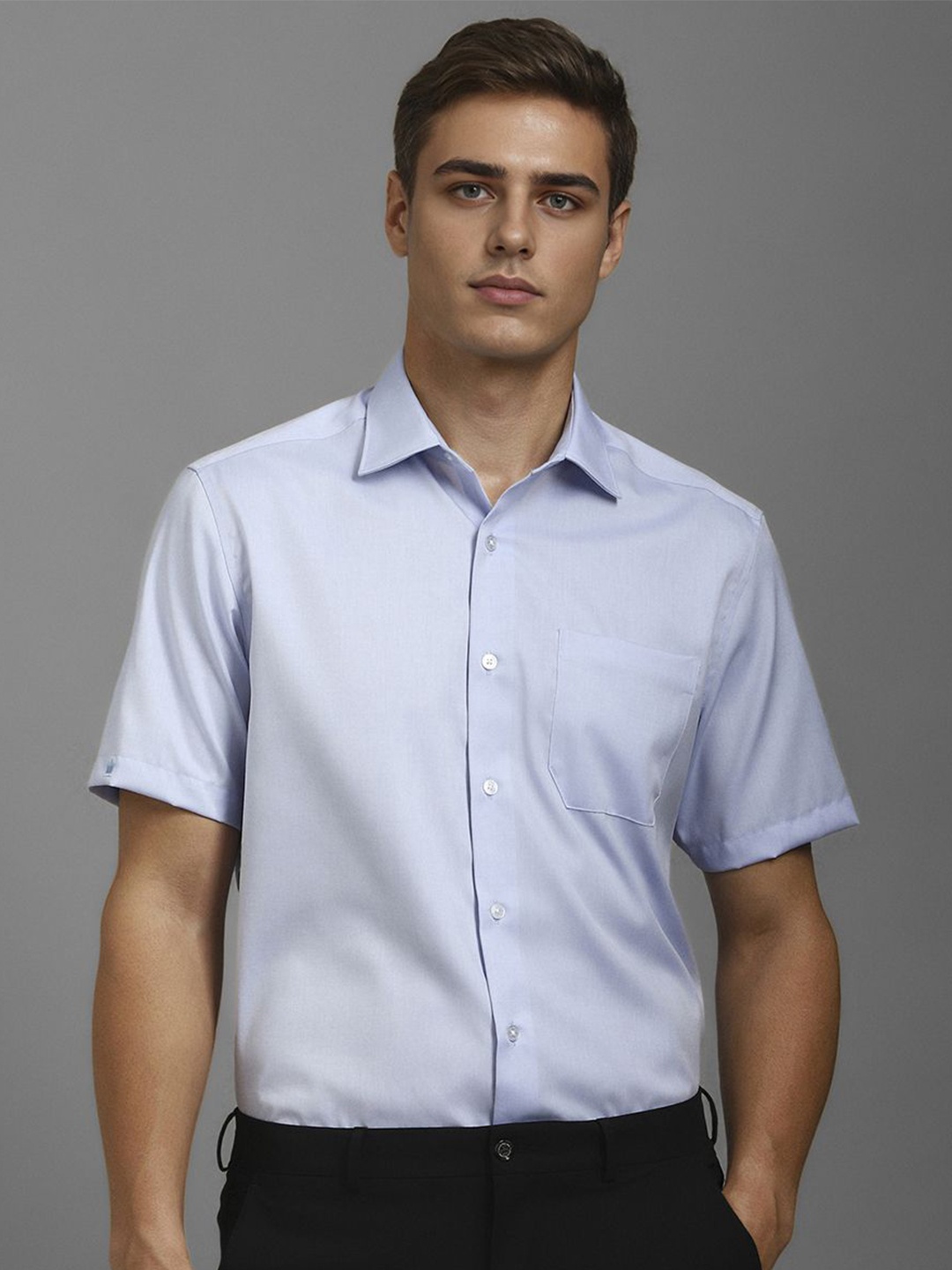 

Louis Philippe Men Classic Spread Collar Solid Cotton Formal Shirt, Blue