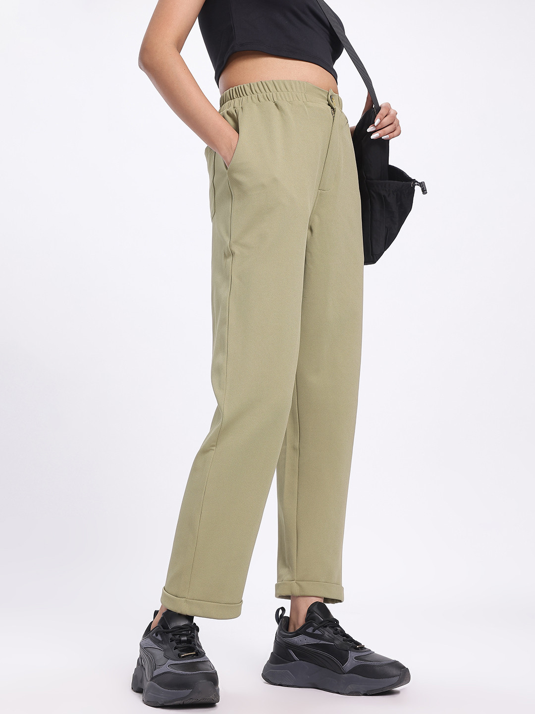 

glitchez Women Ultra-Versatile Mid-Rise Relaxed Fit Trousers, Green